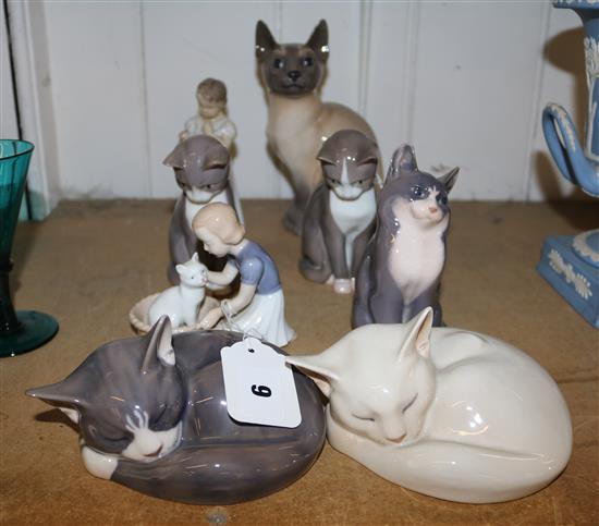 Porcelain cats by Royal Copenhagen, Bing, Grondhal, figures of girls by Copenhagen